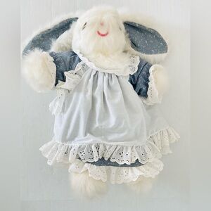 Vintage Ms. Noah White Plush Bunny Toy Rabbit Floral Lace Dress Stuffed Animal